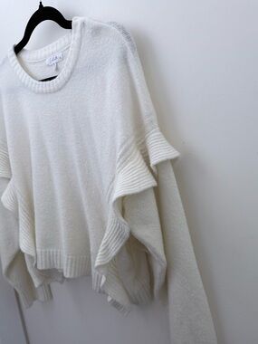 Cream Ruffle Layered Knit Sweater Soft Minimalist Size S Cozy Chic